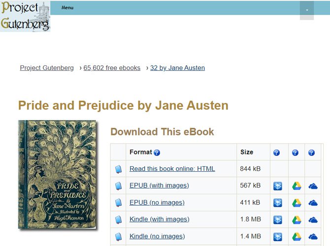 Captura de pantalla de la página Orgullo y prejuicio del Proyecto Gutenberg que muestra formatos de descarga en HTML, EPUB y Kindle