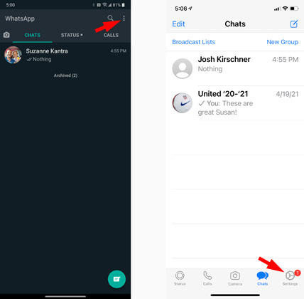 Aplicación de WhatsApp para Android con los puntos triples para el menú señalados y la aplicación de WhatsApp para iOS con el engranaje de Configuración señalado.
