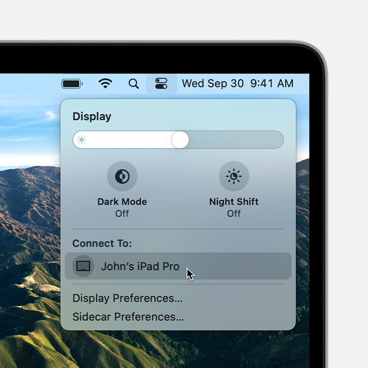macOS Big Sur Control Center Opciones de visualización con el cursor sobre Conectar a iPad