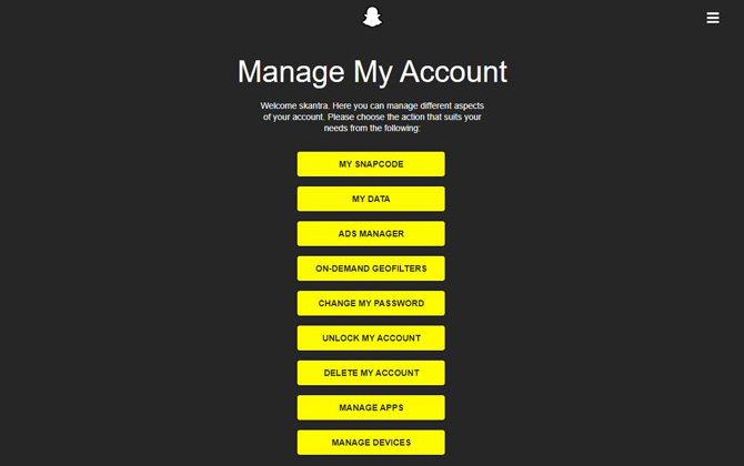 Captura de pantalla del portal de administración de cuentas de Snapchat que muestra opciones para My Snapcode, mis datos, administrador de anuncios, geofiltros a pedido, cambiar mi contraseña, desbloquear mi cuenta, eliminar mi cuenta, administrar aplicaciones y administrar dispositivos. 